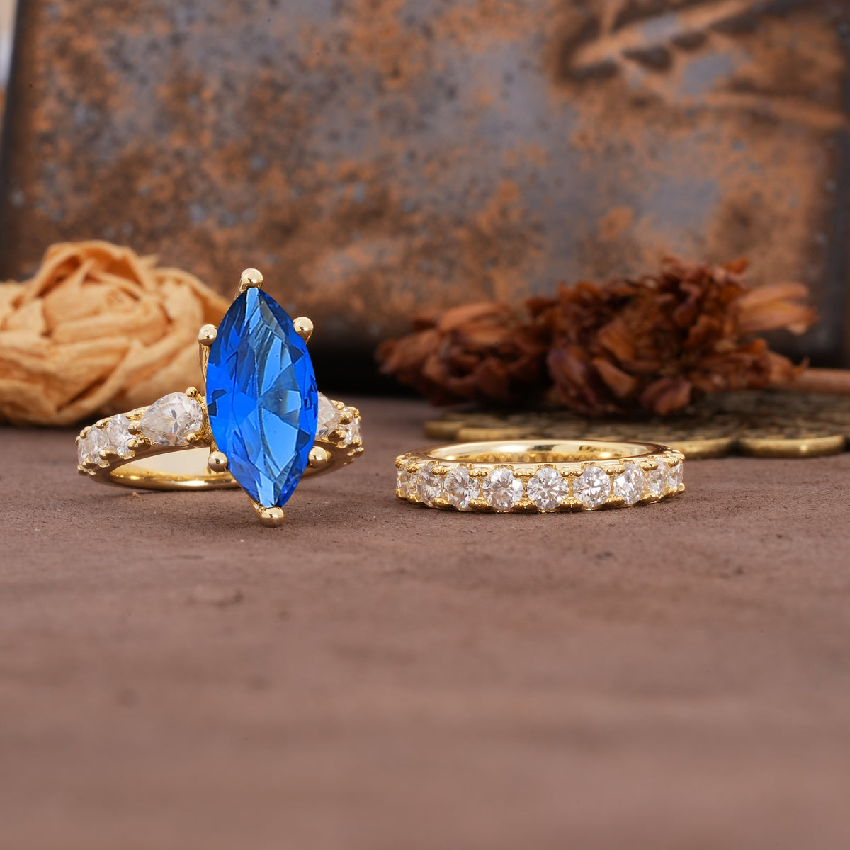 Luxurious Vintage 6-Prong Marquise Cut Sapphire Couple Rings - White-Gold