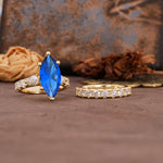 Luxurious Vintage 6-Prong Marquise Cut Sapphire Couple Rings - White-Gold