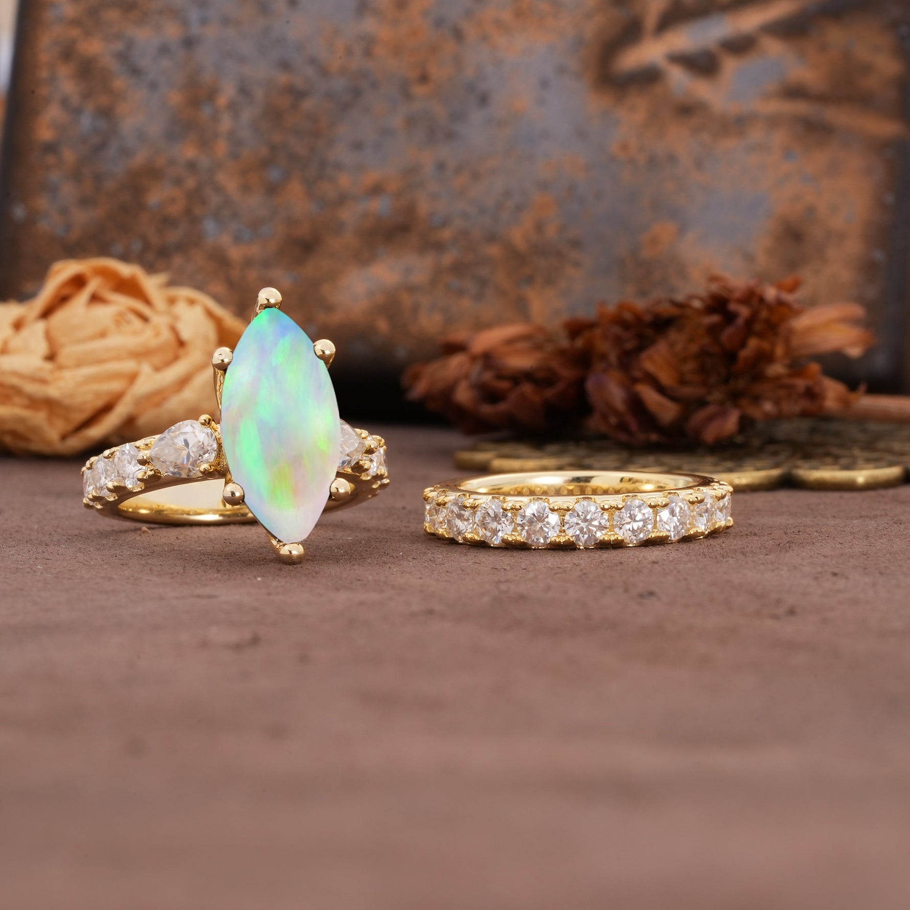 Luxurious Vintage 6-Prong Marquise Cut Fire Opal Couple Rings - White-Gold