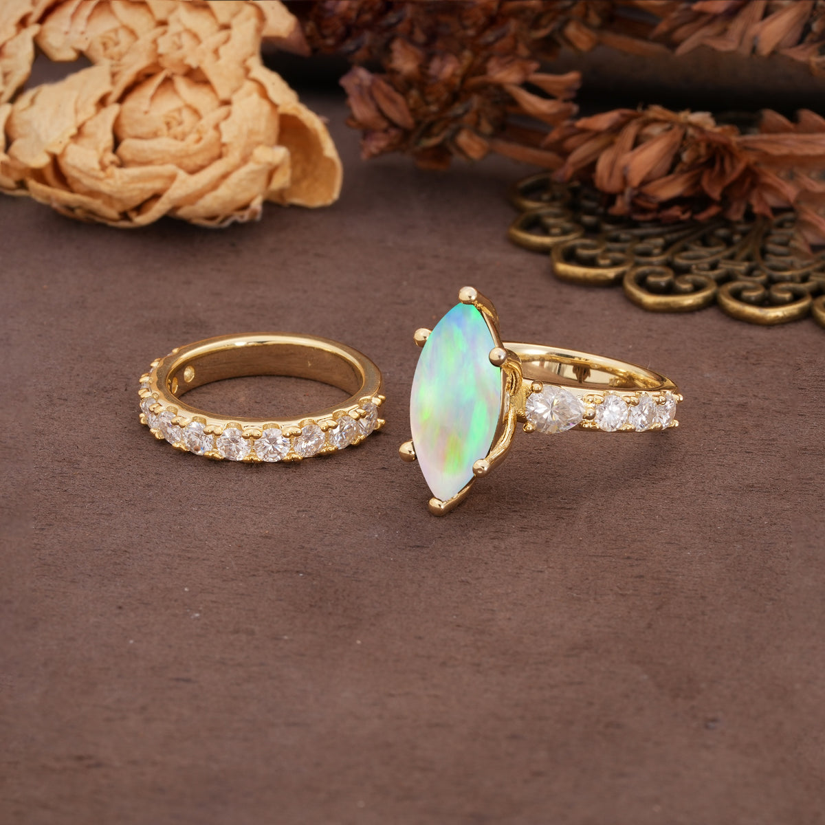 Luxurious Vintage 6-Prong Marquise Cut Fire Opal Couple Rings - Additional view