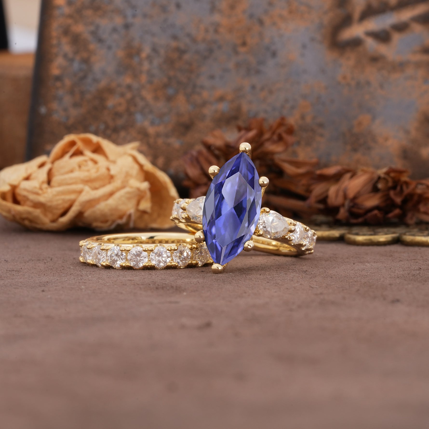 Luxurious Vintage 6-Prong Marquise Cut Tanzanite Couple Rings - Rose-Gold