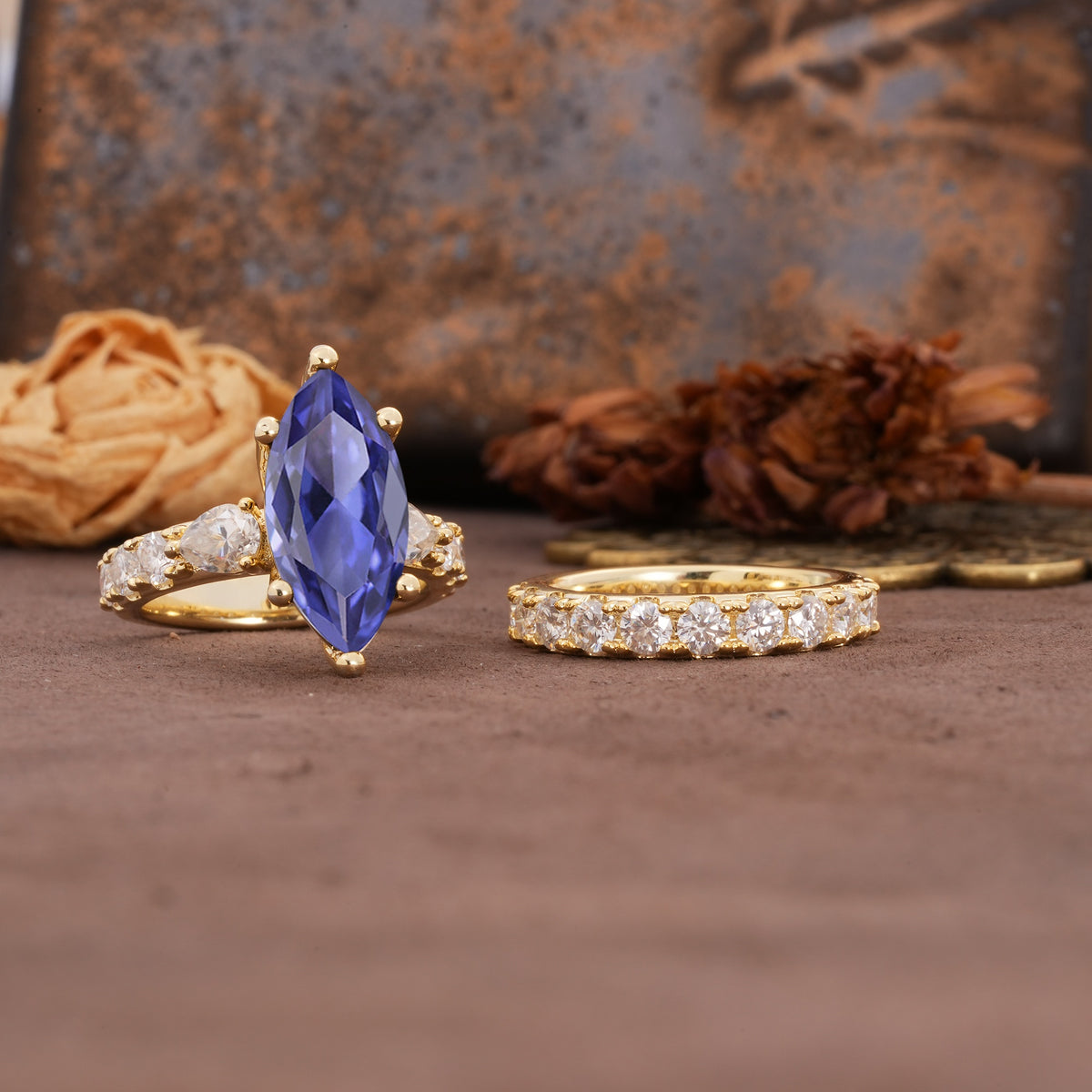 Luxurious Vintage 6-Prong Marquise Cut Tanzanite Couple Rings - White-Gold