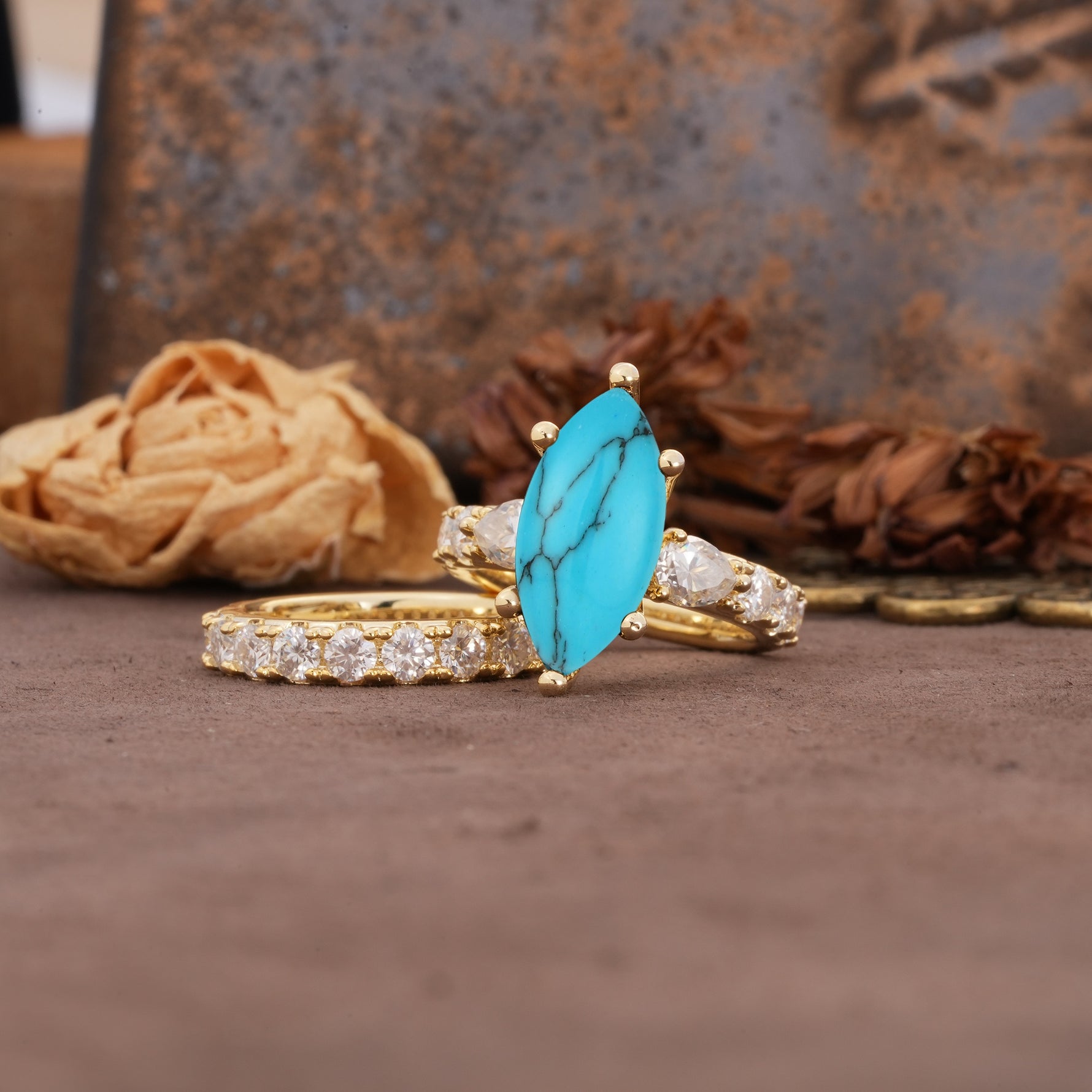 Luxurious Vintage 6-Prong Marquise Cut Turquoise Couple Rings - Rose-Gold