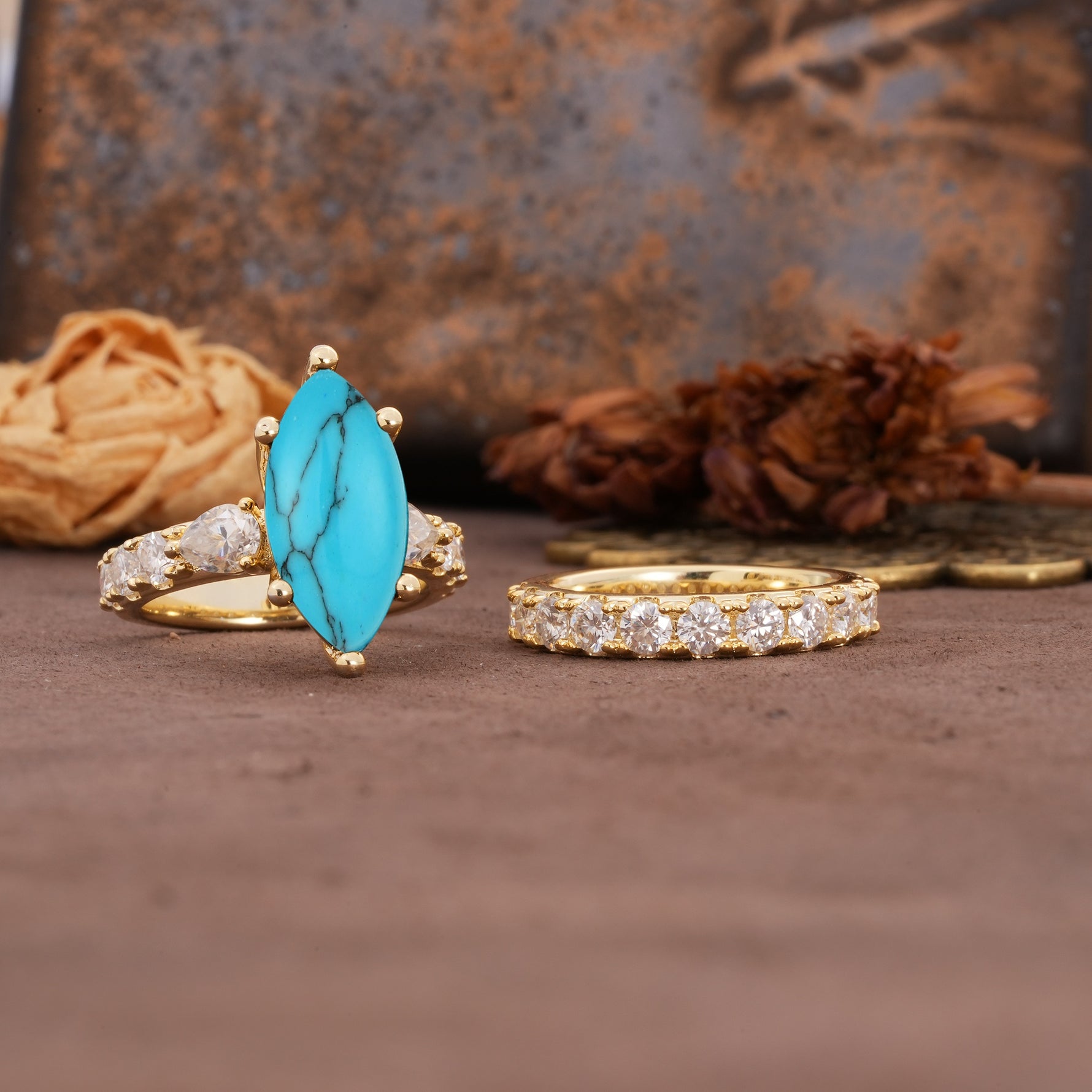 Luxurious Vintage 6-Prong Marquise Cut Turquoise Couple Rings - White-Gold