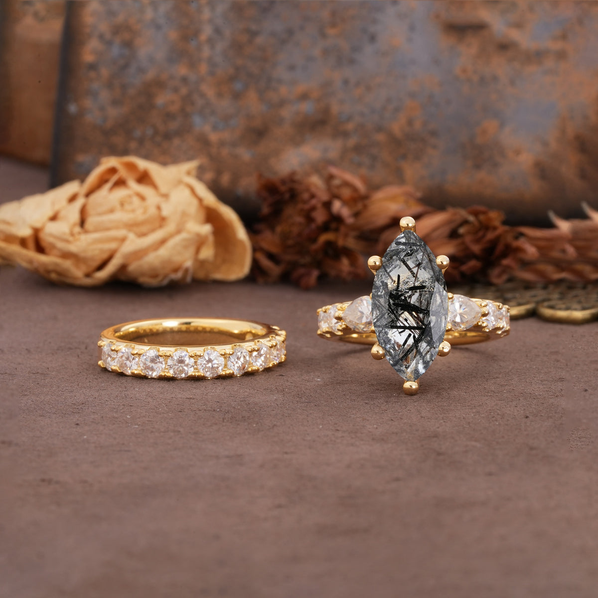 Luxurious Vintage 6-Prong Marquise Cut Black Rutilated Quartz Couple Rings - Yellow-Gold