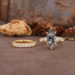 Luxurious Vintage 6-Prong Marquise Cut Black Rutilated Quartz Couple Rings - Yellow-Gold