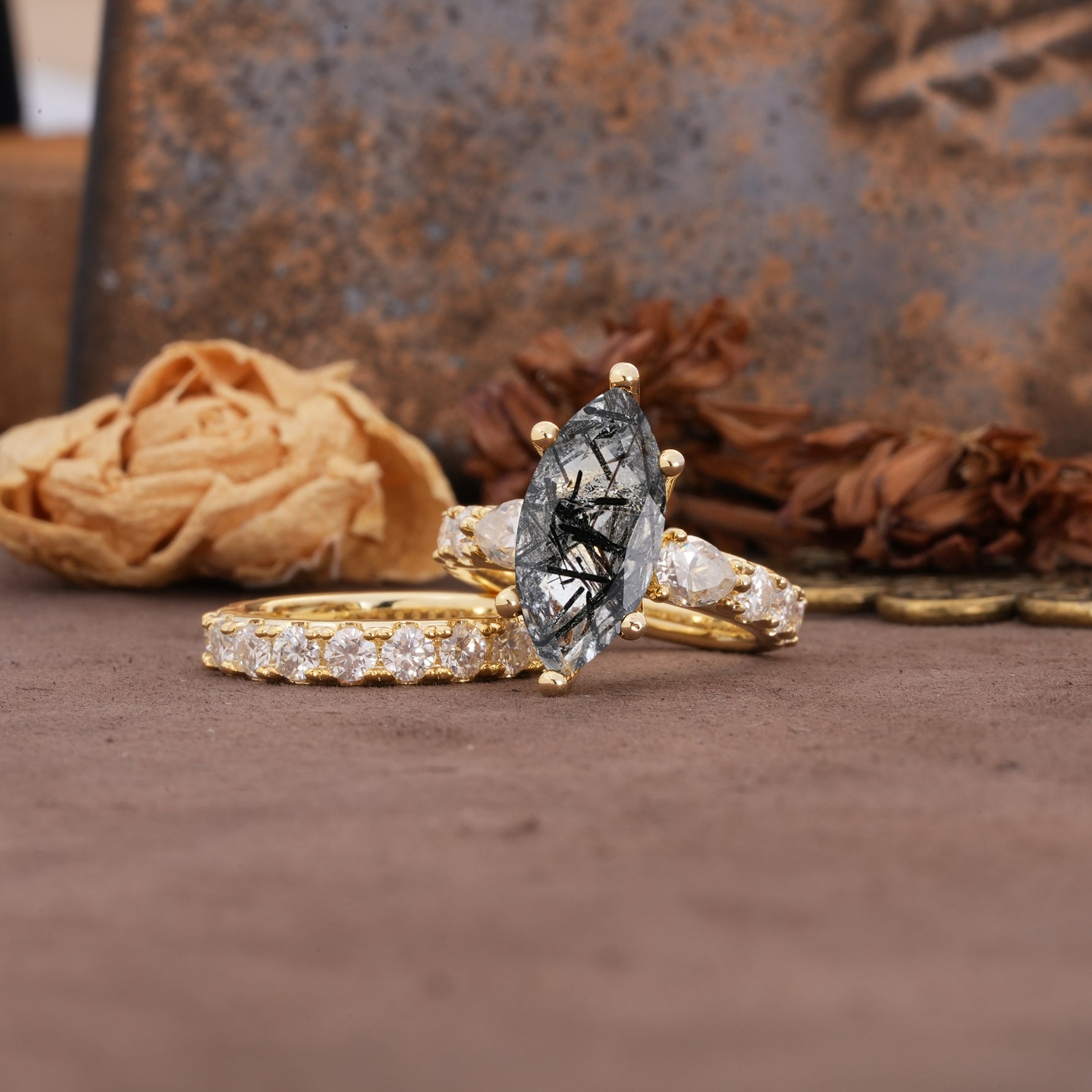 Luxurious Vintage 6-Prong Marquise Cut Black Rutilated Quartz Couple Rings - Rose-Gold