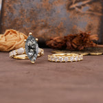 Luxurious Vintage 6-Prong Marquise Cut Black Rutilated Quartz Couple Rings - White-Gold