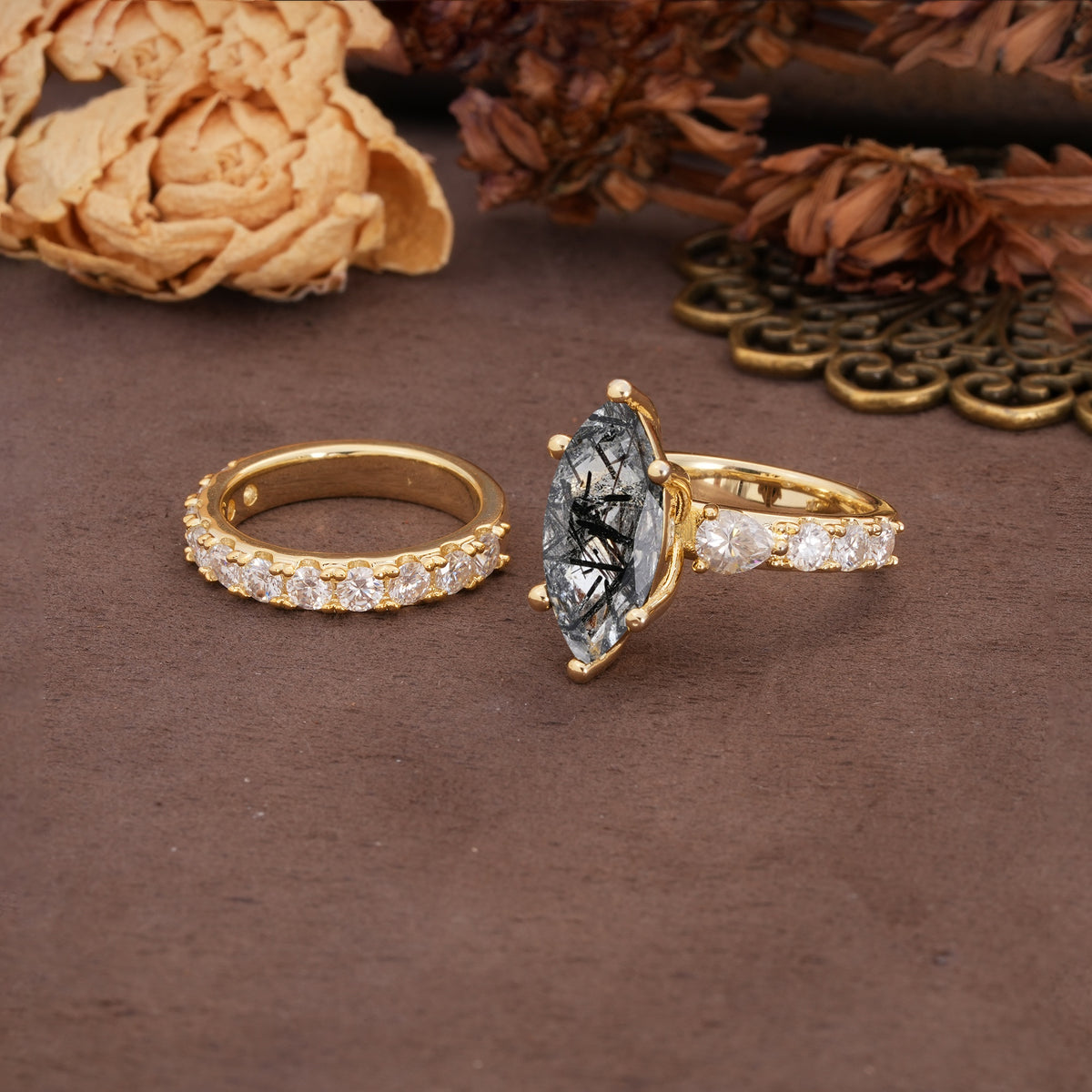 Luxurious Vintage 6-Prong Marquise Cut Black Rutilated Quartz Couple Rings - Additional view