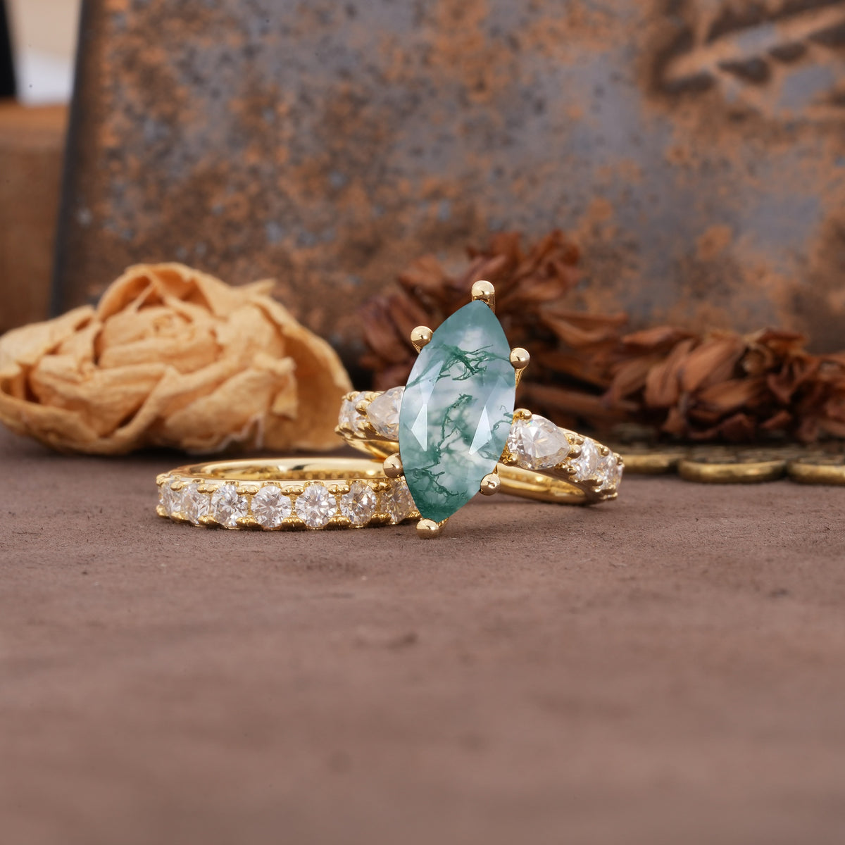 Luxurious Vintage 6-Prong Marquise Cut Moss Agate Couple Rings - Rose-Gold