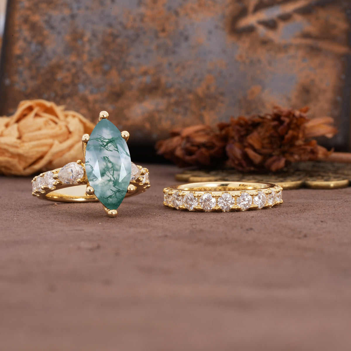 Luxurious Vintage 6-Prong Marquise Cut Moss Agate Couple Rings - White-Gold