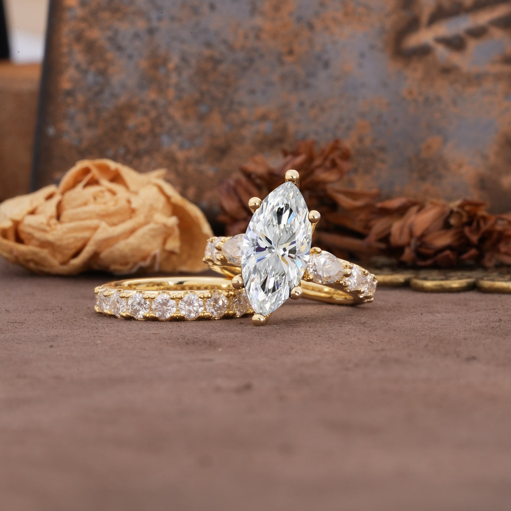 Luxurious Vintage 6-Prong Marquise Cut Lab Diamond Couple Rings - Rose-Gold
