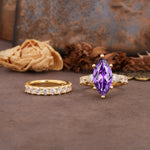 Luxurious Vintage 6-Prong Marquise Cut Amethyst Couple Rings - Yellow-Gold