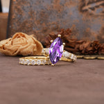 Luxurious Vintage 6-Prong Marquise Cut Amethyst Couple Rings - Rose-Gold