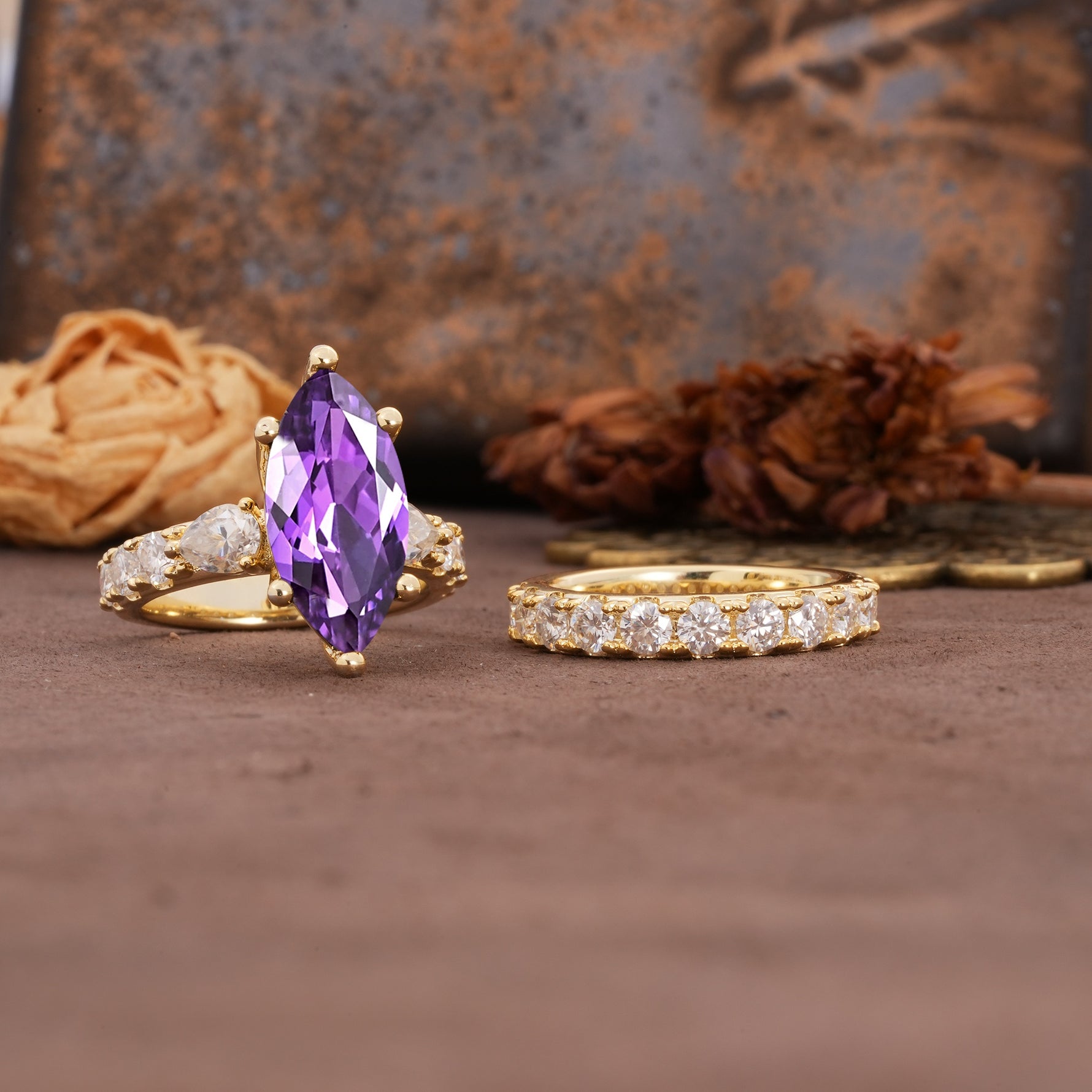 Luxurious Vintage 6-Prong Marquise Cut Amethyst Couple Rings - White-Gold