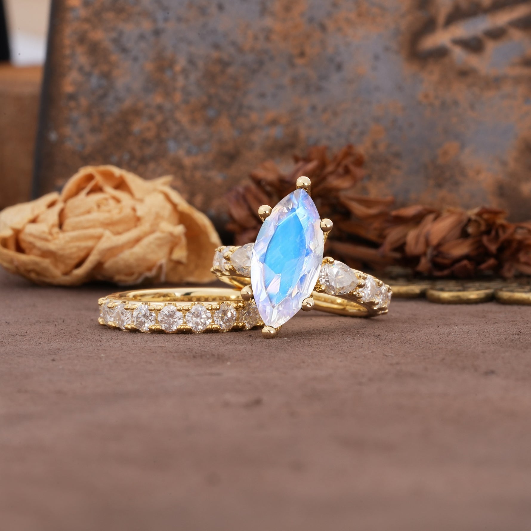 Luxurious Vintage 6-Prong Marquise Cut Moonstone Couple Rings - Rose-Gold