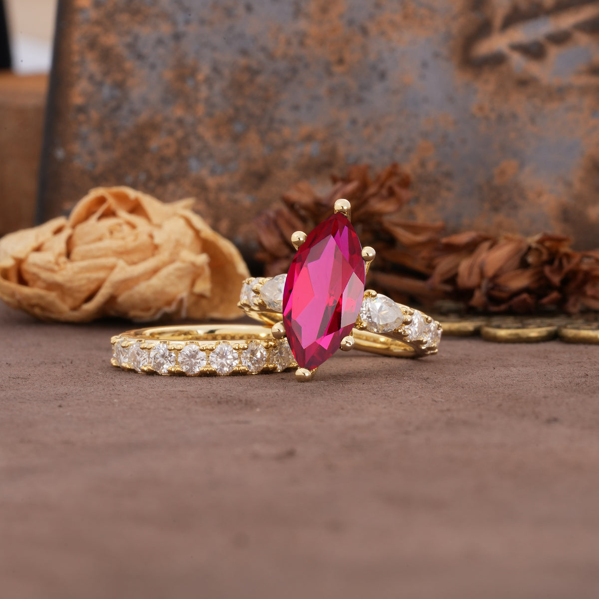 Luxurious Vintage 6-Prong Marquise Cut Ruby Couple Rings - Rose-Gold