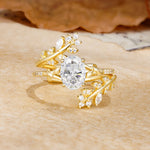 Natural Inspiration Classic Luxury Vintage 4-Prong Oval Cut Moissanite Wedding Bride Ring Set - Yellow-Gold