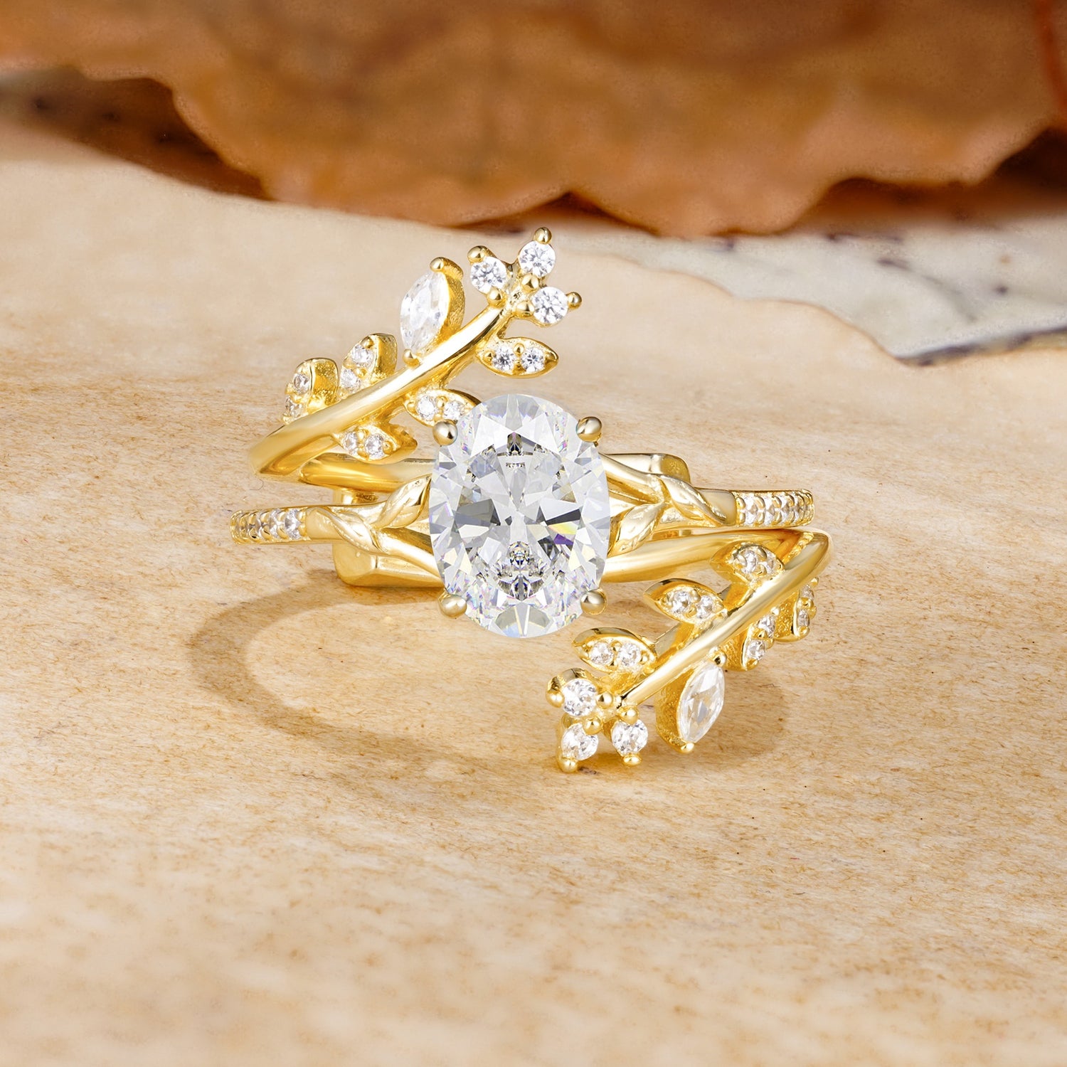 Natural Inspiration Classic Luxury Vintage 4-Prong Oval Cut Moissanite Wedding Bride Ring Set - Yellow-Gold
