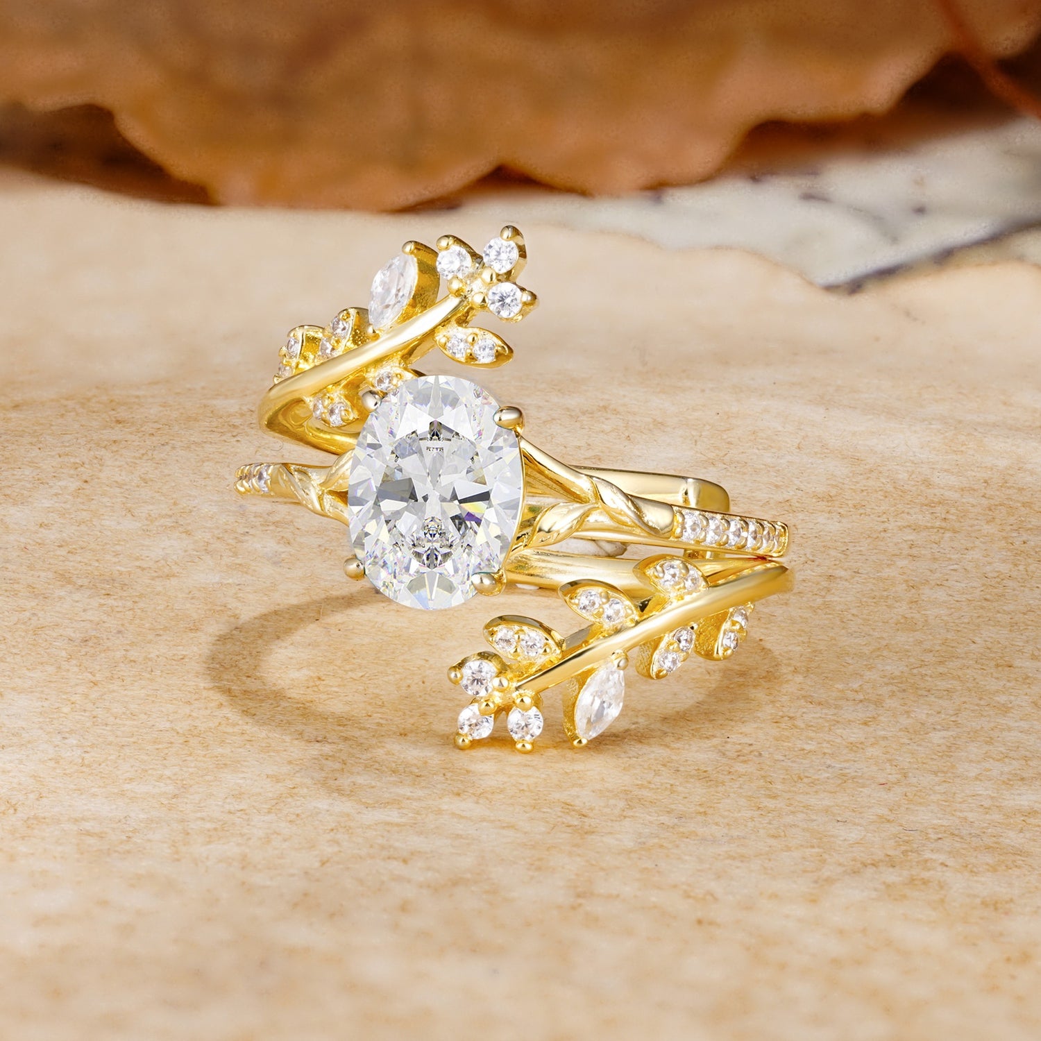 Natural Inspiration Classic Luxury Vintage 4-Prong Oval Cut Moissanite Wedding Bride Ring Set - Rose-Gold
