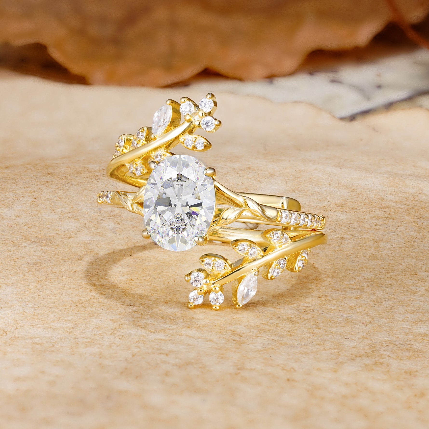 Natural Inspiration Classic Luxury Vintage 4-Prong Oval Cut Moissanite Wedding Bride Ring Set - Rose-Gold