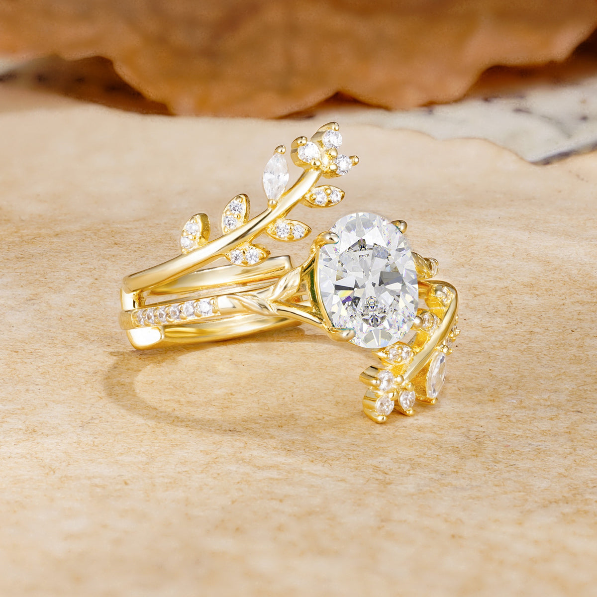 Natural Inspiration Classic Luxury Vintage 4-Prong Oval Cut Moissanite Wedding Bride Ring Set - White-Gold