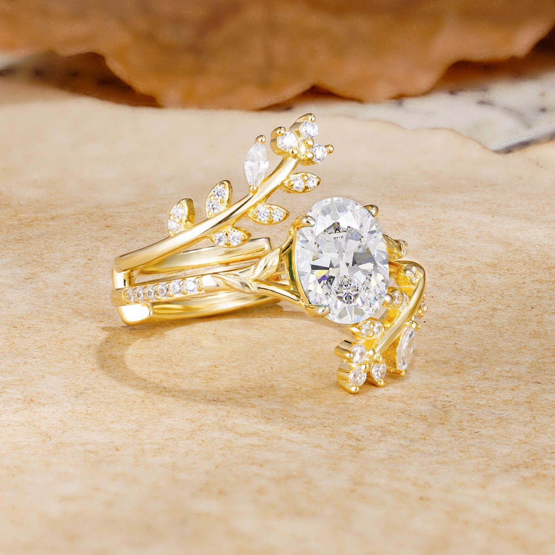 Natural Inspiration Classic Luxury Vintage 4-Prong Oval Cut Moissanite Wedding Bride Ring Set - White-Gold