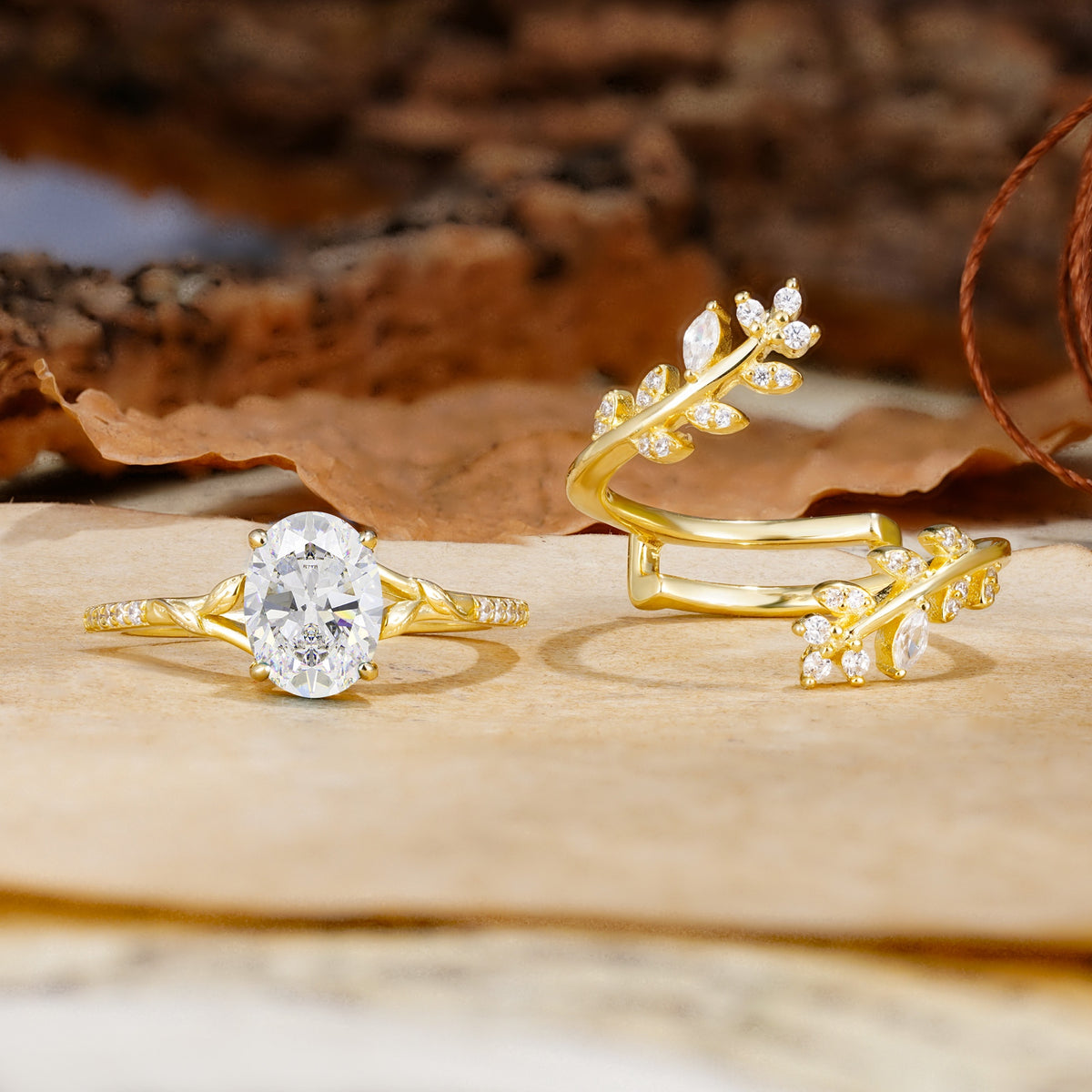 Natural Inspiration Classic Luxury Vintage 4-Prong Oval Cut Moissanite Wedding Bride Ring Set - Additional view