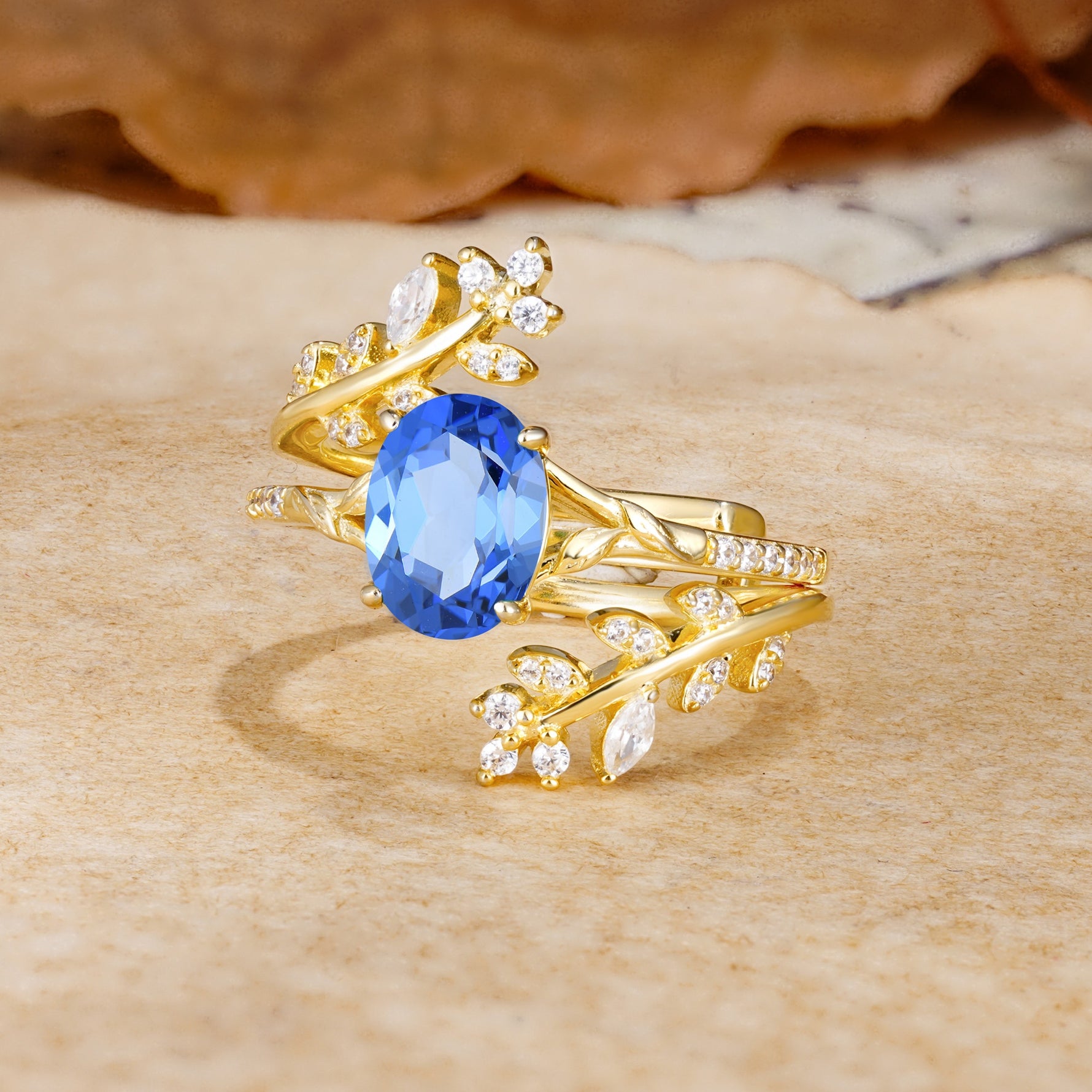 Natural Inspiration Classic Luxury Vintage 4-Prong Oval Cut Sapphire Wedding Bride Ring Set - Rose-Gold
