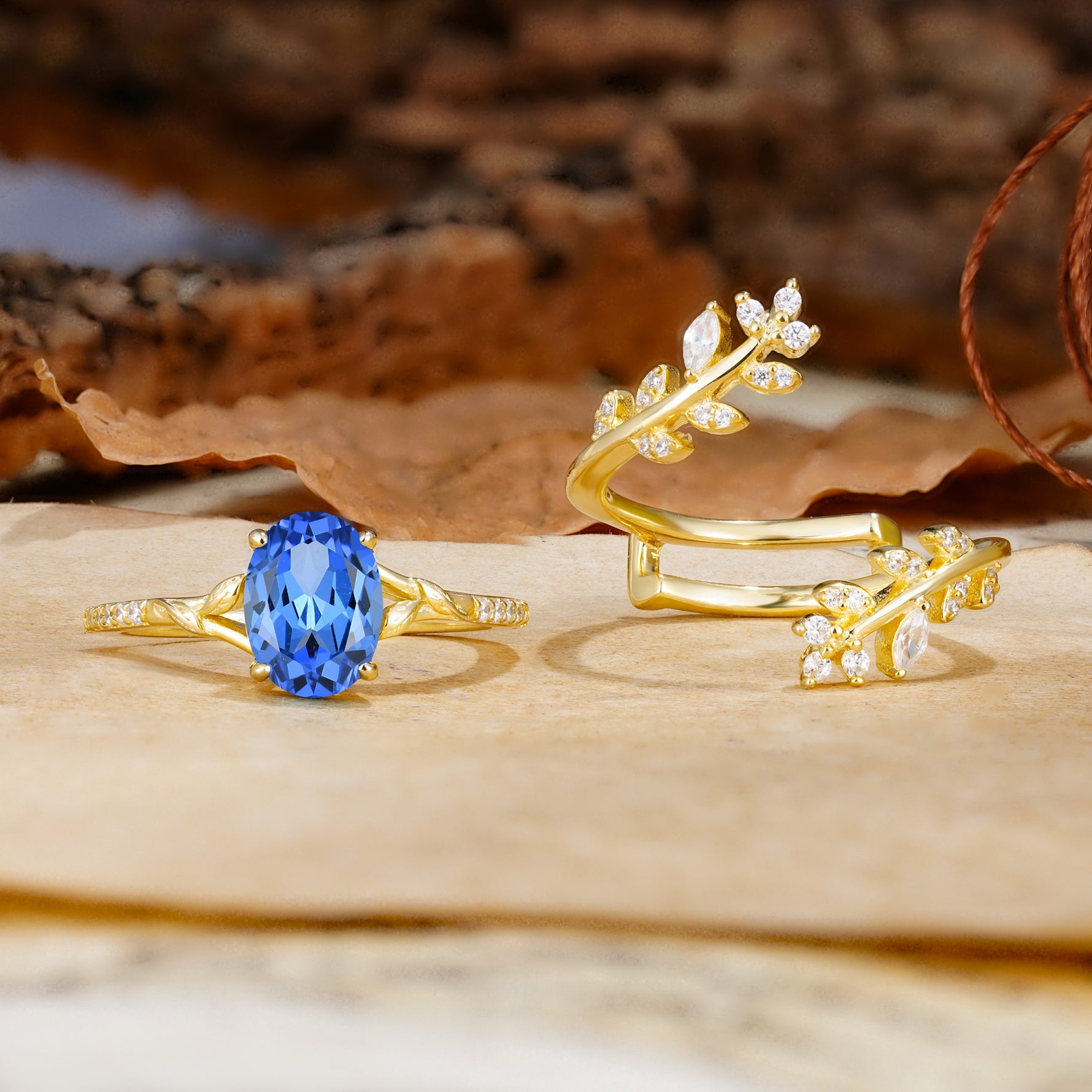 Natural Inspiration Classic Luxury Vintage 4-Prong Oval Cut Sapphire Wedding Bride Ring Set - Additional view