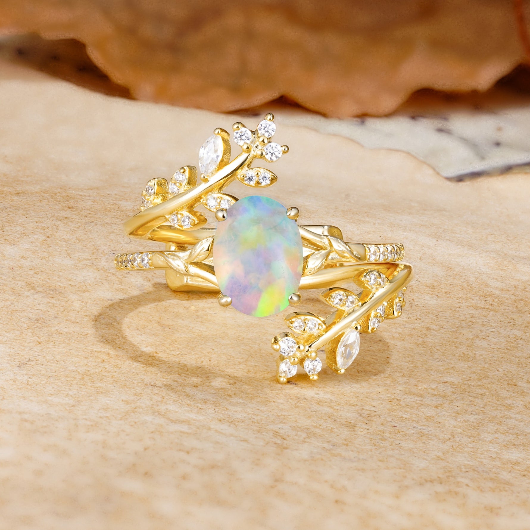 Natural Inspiration Classic Luxury Vintage 4-Prong Oval Cut Fire Opal Wedding Bride Ring Set - Yellow-Gold