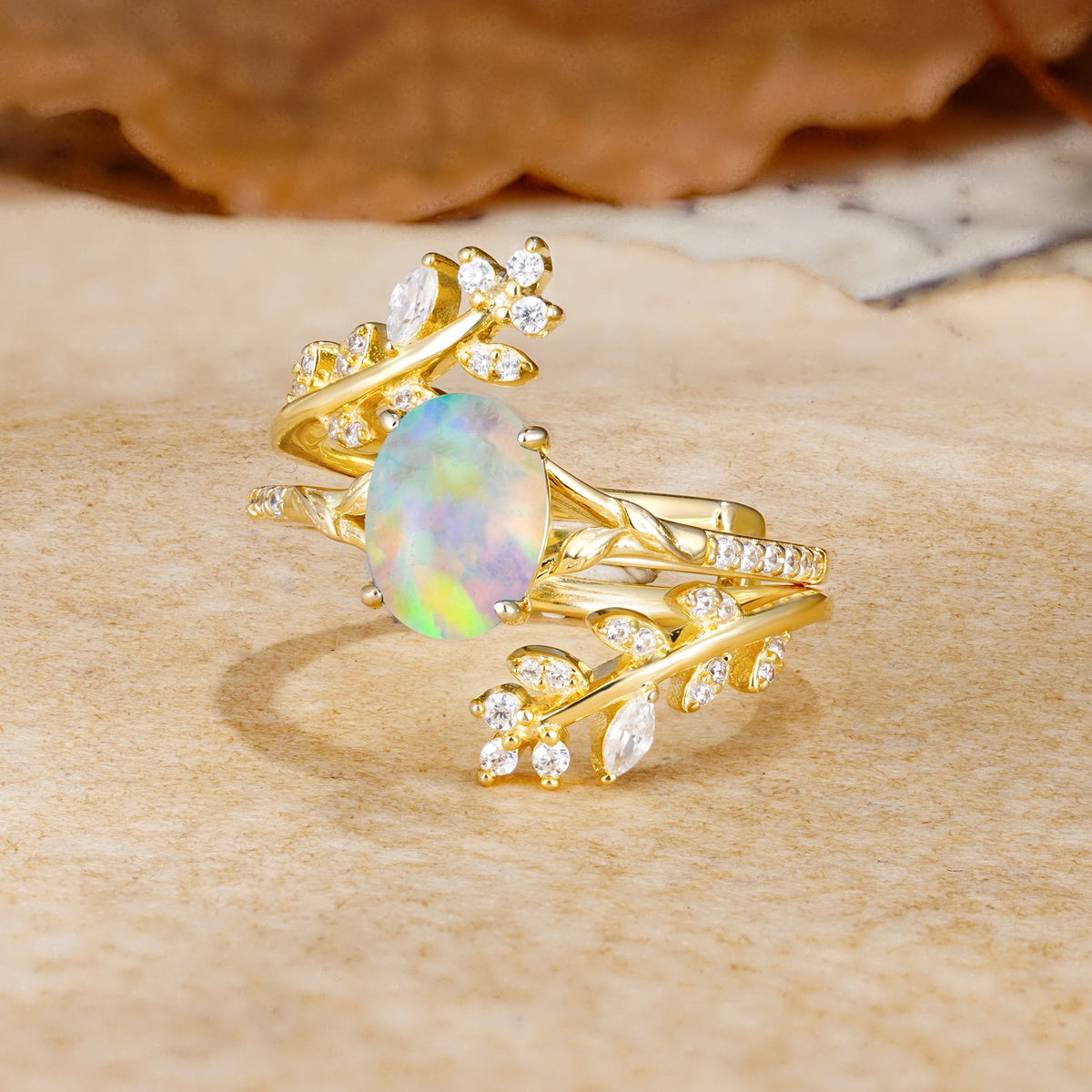 Natural Inspiration Classic Luxury Vintage 4-Prong Oval Cut Fire Opal Wedding Bride Ring Set - Rose-Gold