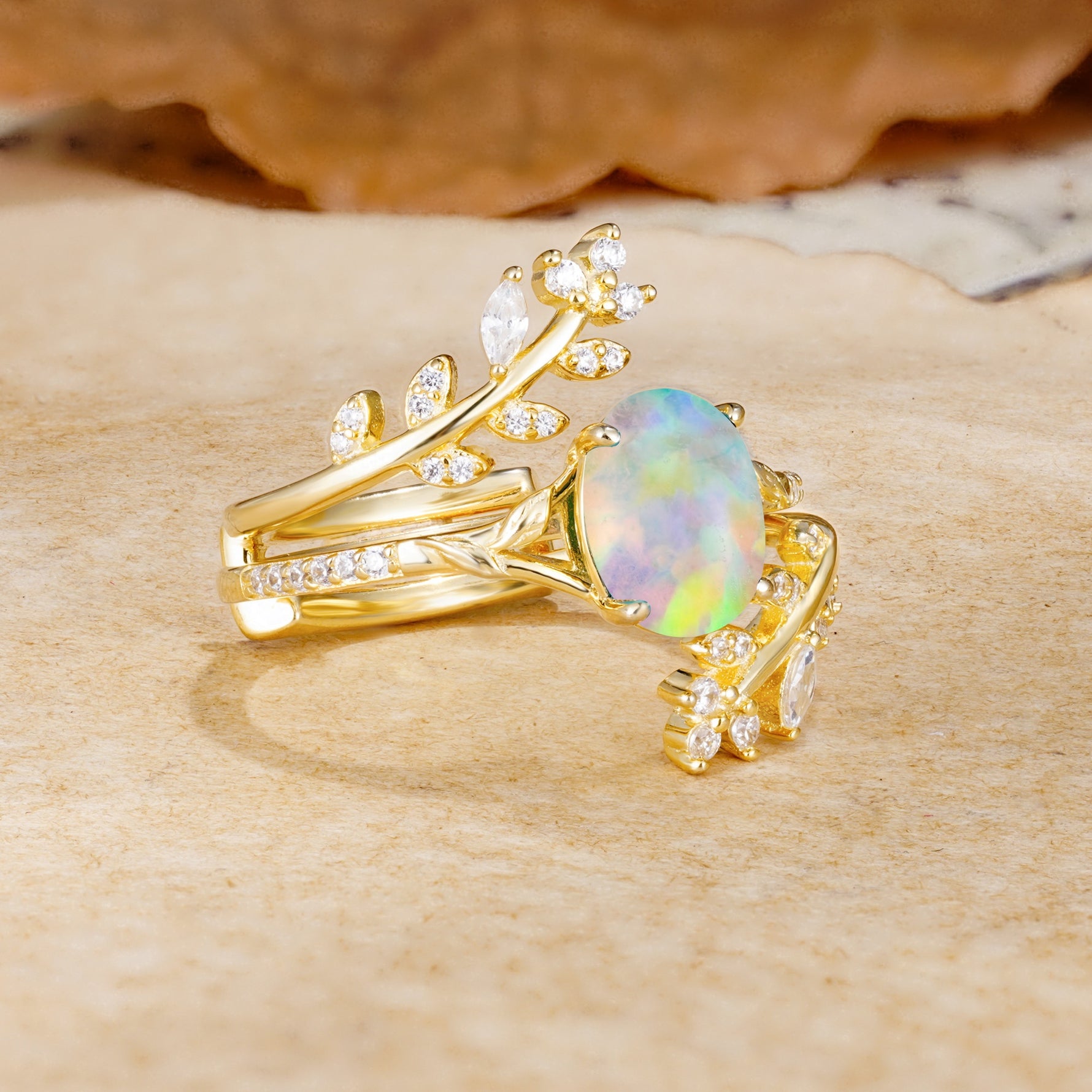 Natural Inspiration Classic Luxury Vintage 4-Prong Oval Cut Fire Opal Wedding Bride Ring Set - White-Gold