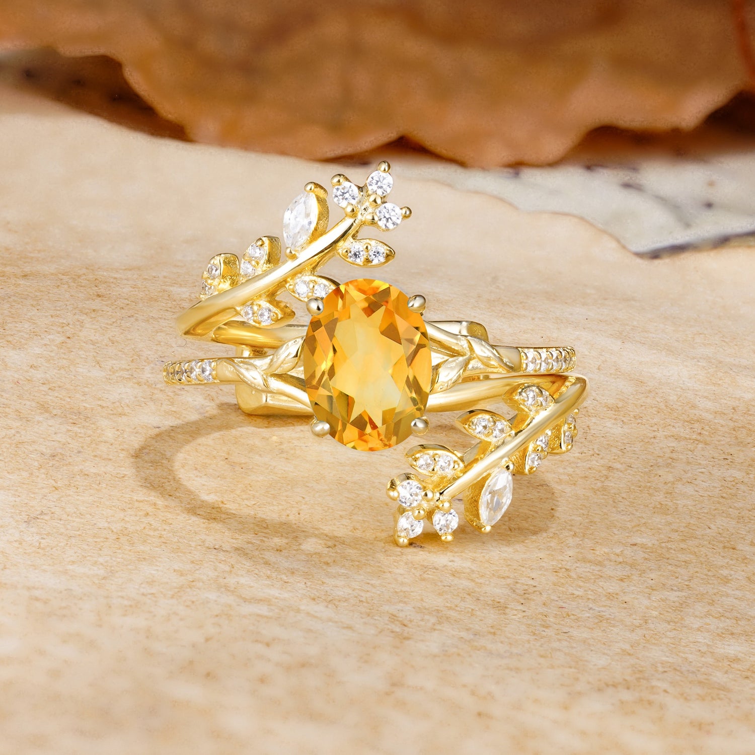 Natural Inspiration Classic Luxury Vintage 4-Prong Oval Cut Citrine Wedding Bride Ring Set - Yellow-Gold