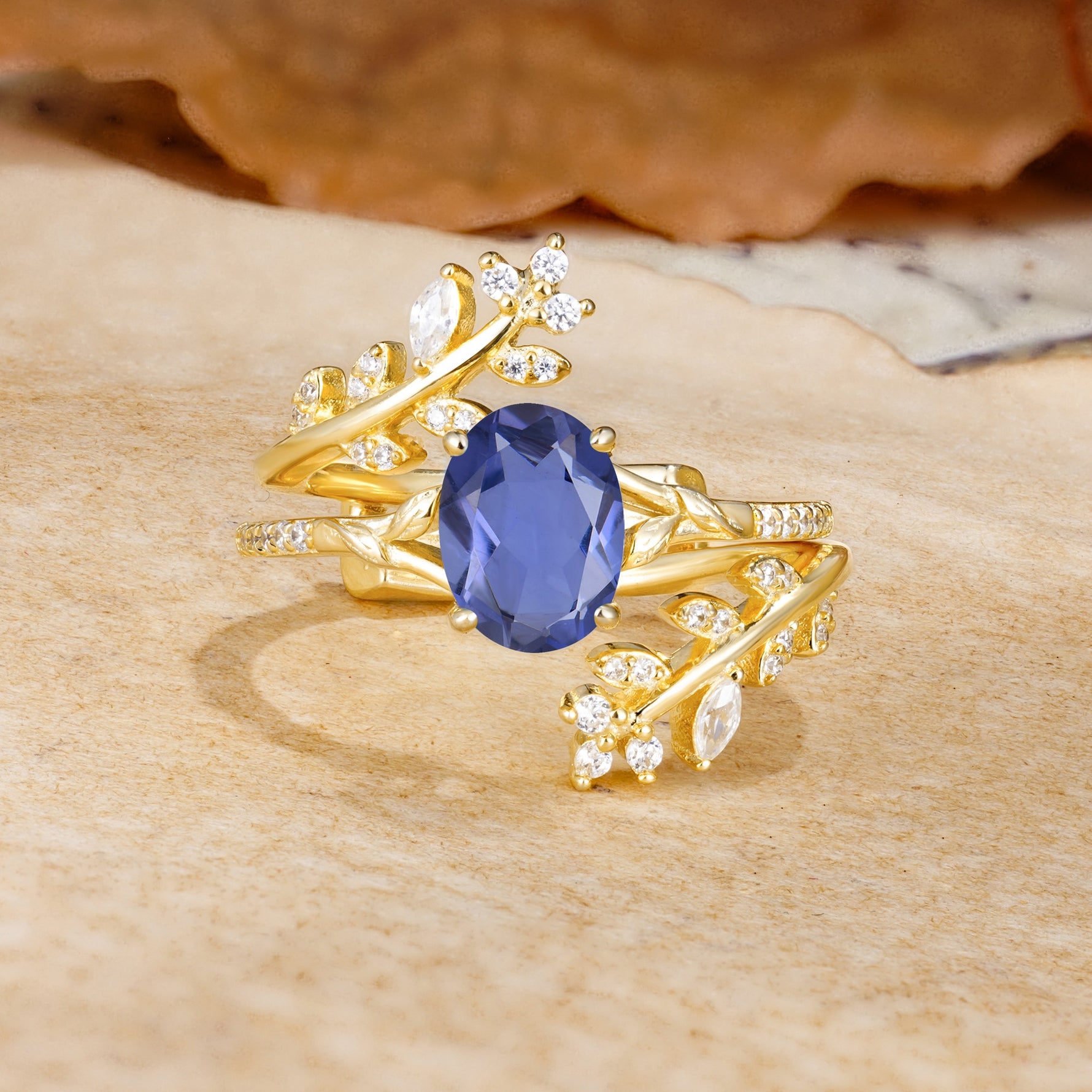 Natural Inspiration Classic Luxury Vintage 4-Prong Oval Cut Tanzanite Wedding Bride Ring Set - Yellow-Gold