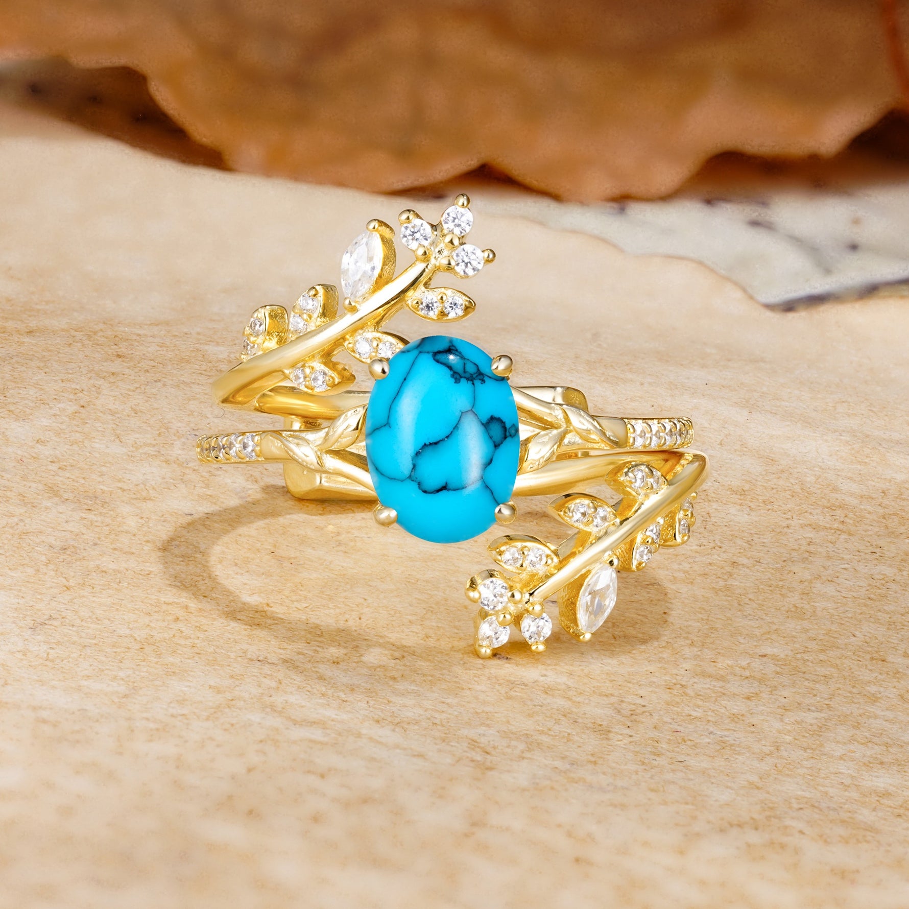 Natural Inspiration Classic Luxury Vintage 4-Prong Oval Cut Turquoise Wedding Bride Ring Set - Yellow-Gold