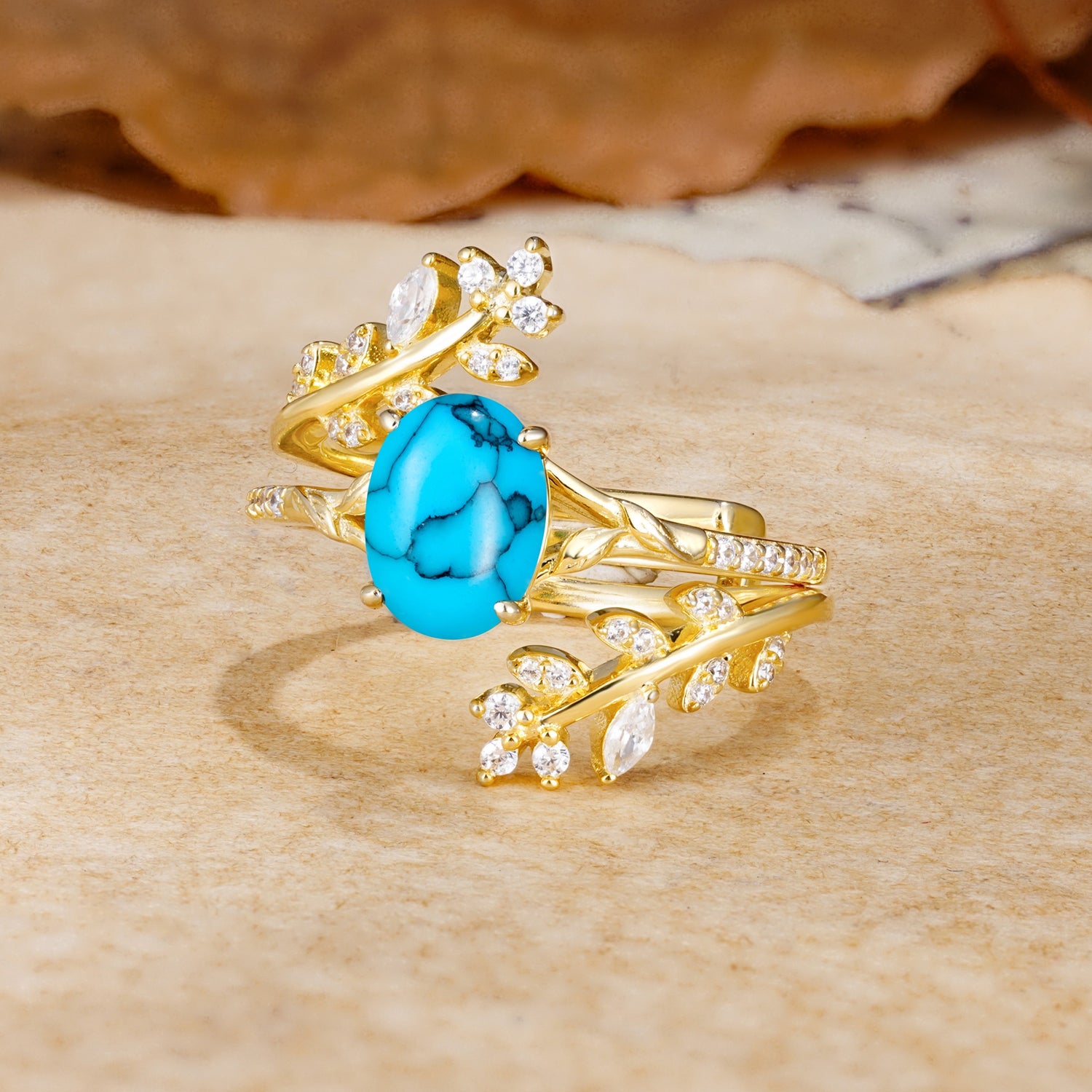Natural Inspiration Classic Luxury Vintage 4-Prong Oval Cut Turquoise Wedding Bride Ring Set - Rose-Gold