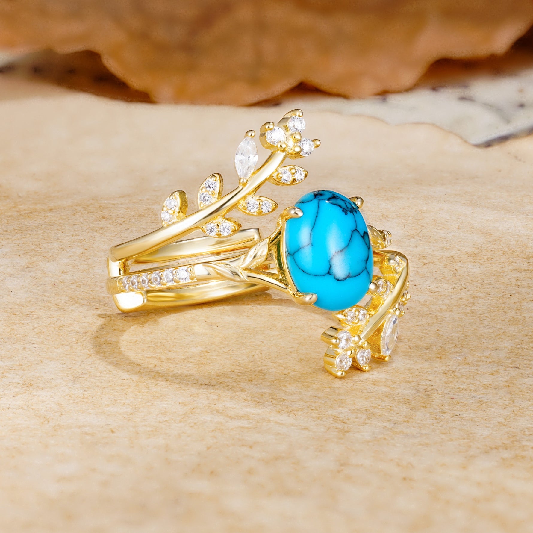 Natural Inspiration Classic Luxury Vintage 4-Prong Oval Cut Turquoise Wedding Bride Ring Set - White-Gold