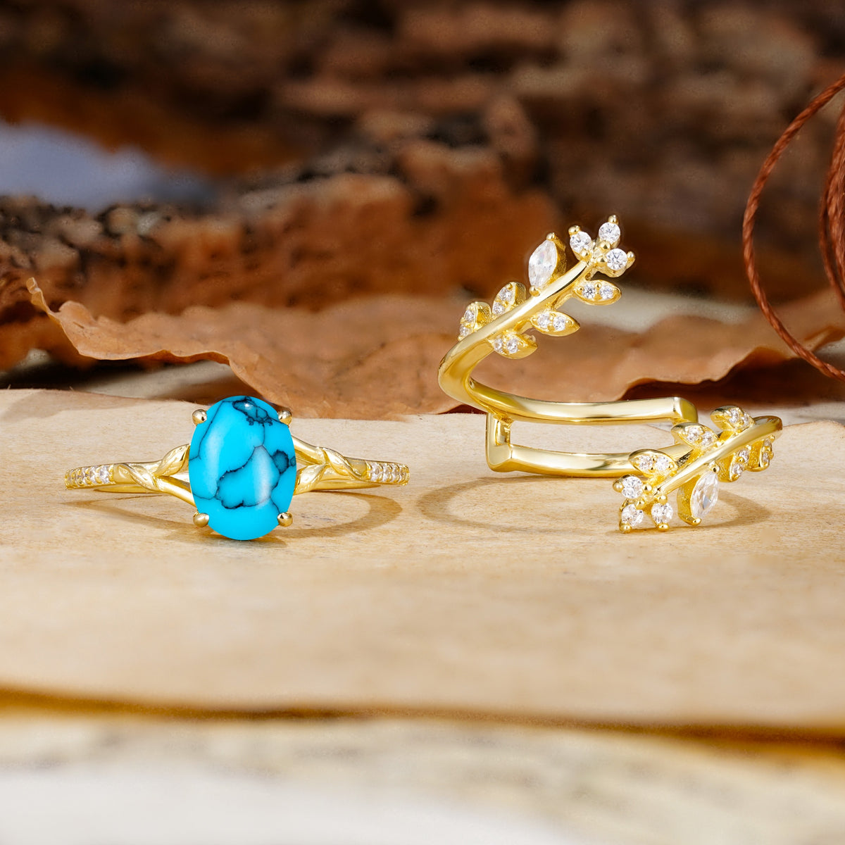 Natural Inspiration Classic Luxury Vintage 4-Prong Oval Cut Turquoise Wedding Bride Ring Set - Additional view