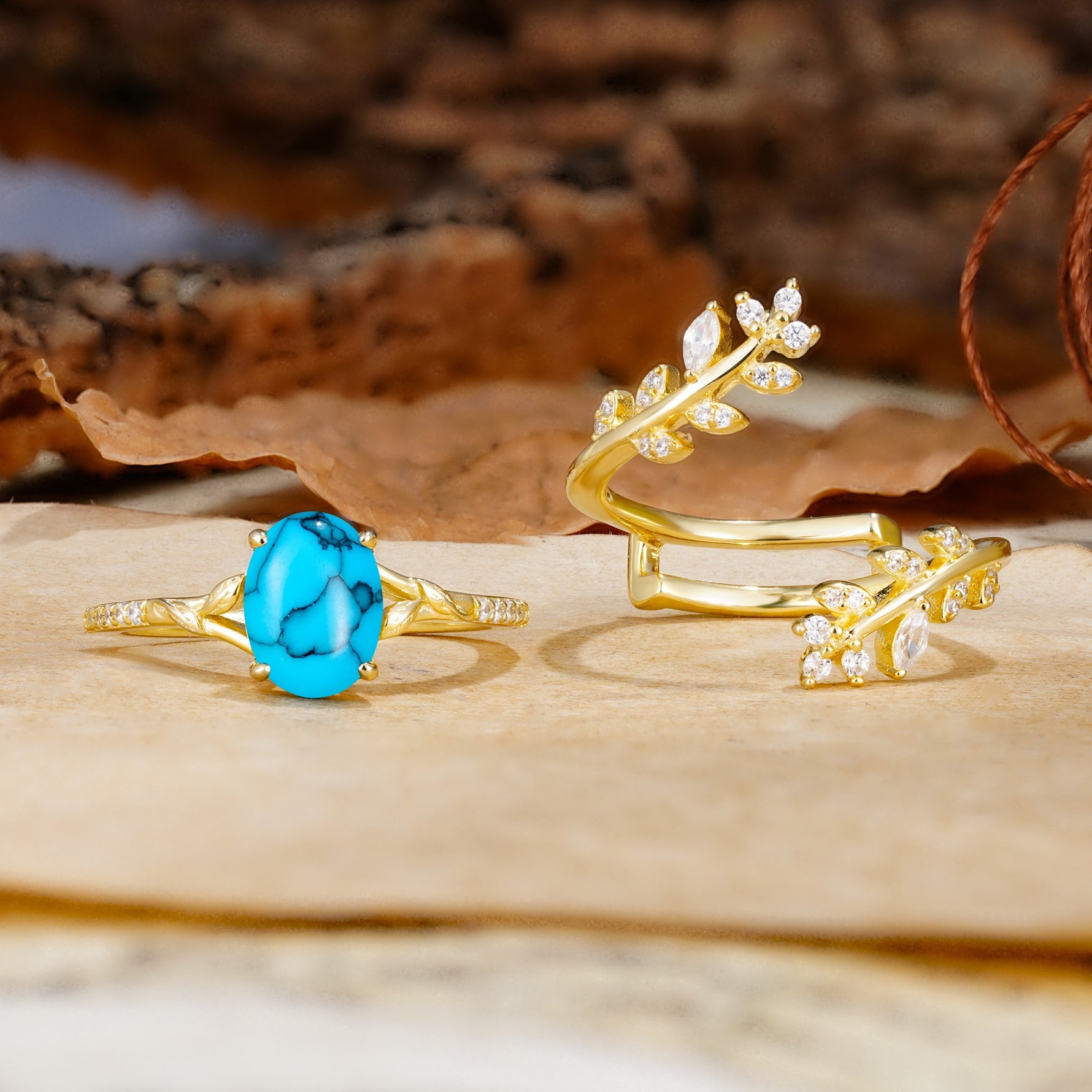 Natural Inspiration Classic Luxury Vintage 4-Prong Oval Cut Turquoise Wedding Bride Ring Set - Additional view