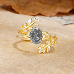 Natural Inspiration Classic Luxury Vintage 4-Prong Oval Cut Black Rutilated Quartz Wedding Bride Ring Set - Yellow-Gold
