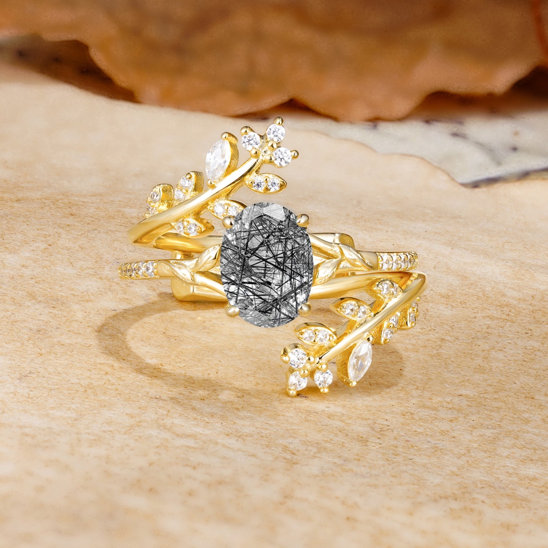 Natural Inspiration Classic Luxury Vintage 4-Prong Oval Cut Black Rutilated Quartz Wedding Bride Ring Set - Yellow-Gold