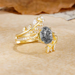 Natural Inspiration Classic Luxury Vintage 4-Prong Oval Cut Black Rutilated Quartz Wedding Bride Ring Set - White-Gold