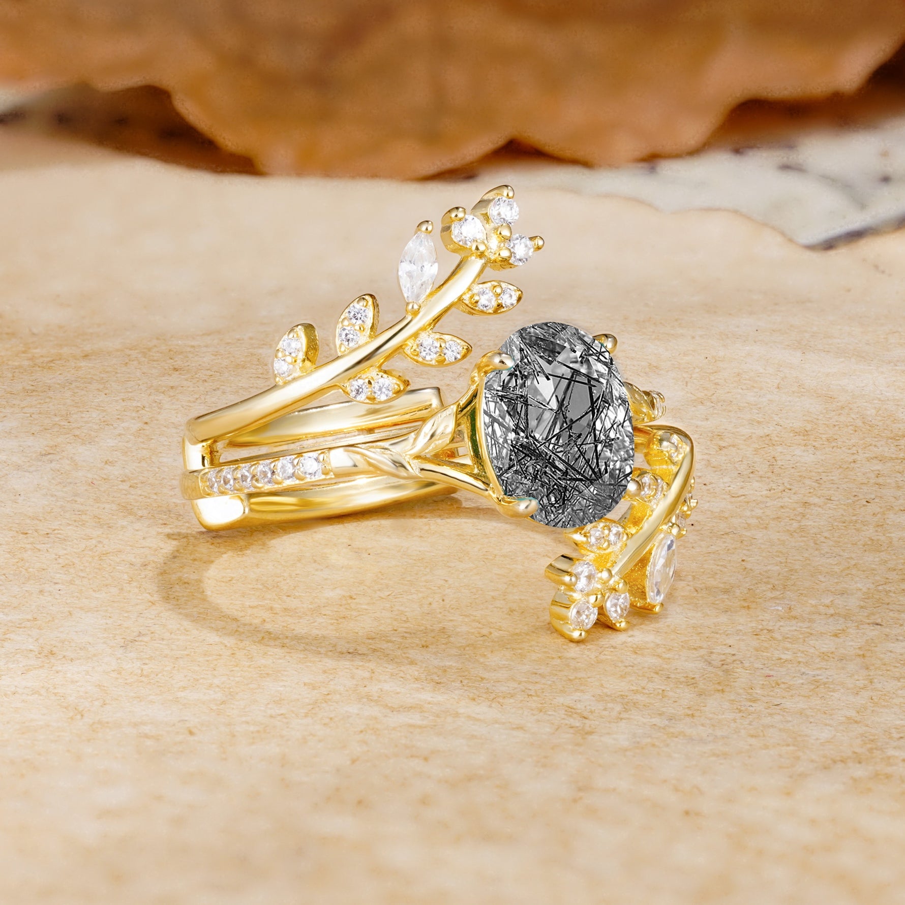 Natural Inspiration Classic Luxury Vintage 4-Prong Oval Cut Black Rutilated Quartz Wedding Bride Ring Set - White-Gold