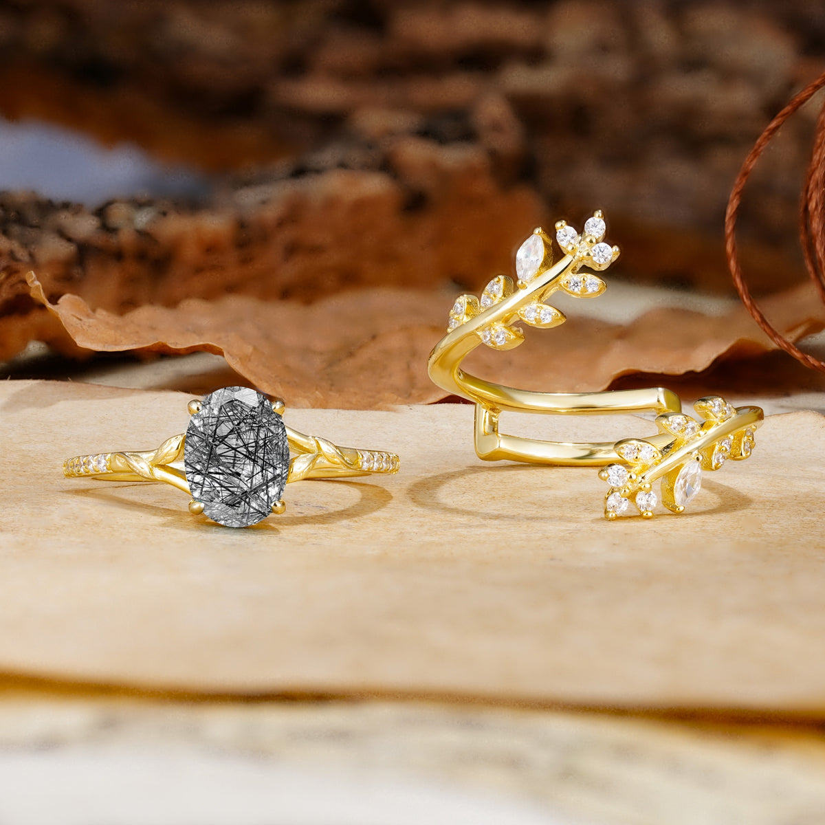 Natural Inspiration Classic Luxury Vintage 4-Prong Oval Cut Black Rutilated Quartz Wedding Bride Ring Set - Additional view