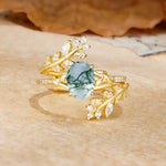 Natural Inspiration Classic Luxury Vintage 4-Prong Oval Cut Moss Agate Wedding Bride Ring Set - Yellow-Gold