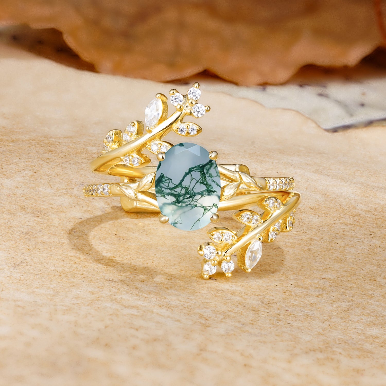 Natural Inspiration Classic Luxury Vintage 4-Prong Oval Cut Moss Agate Wedding Bride Ring Set - Yellow-Gold