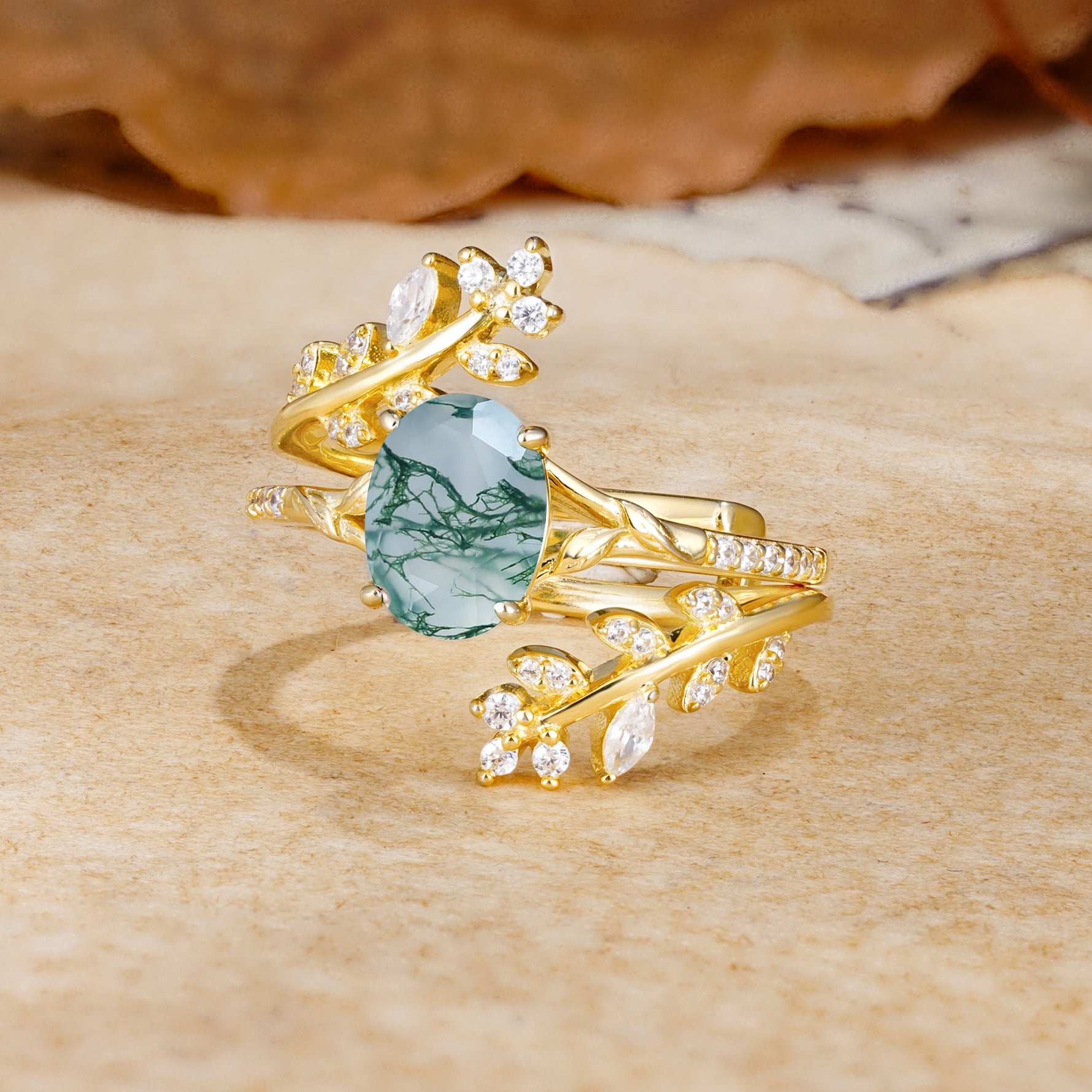Natural Inspiration Classic Luxury Vintage 4-Prong Oval Cut Moss Agate Wedding Bride Ring Set - Rose-Gold