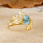 Natural Inspiration Classic Luxury Vintage 4-Prong Oval Cut Moss Agate Wedding Bride Ring Set - White-Gold