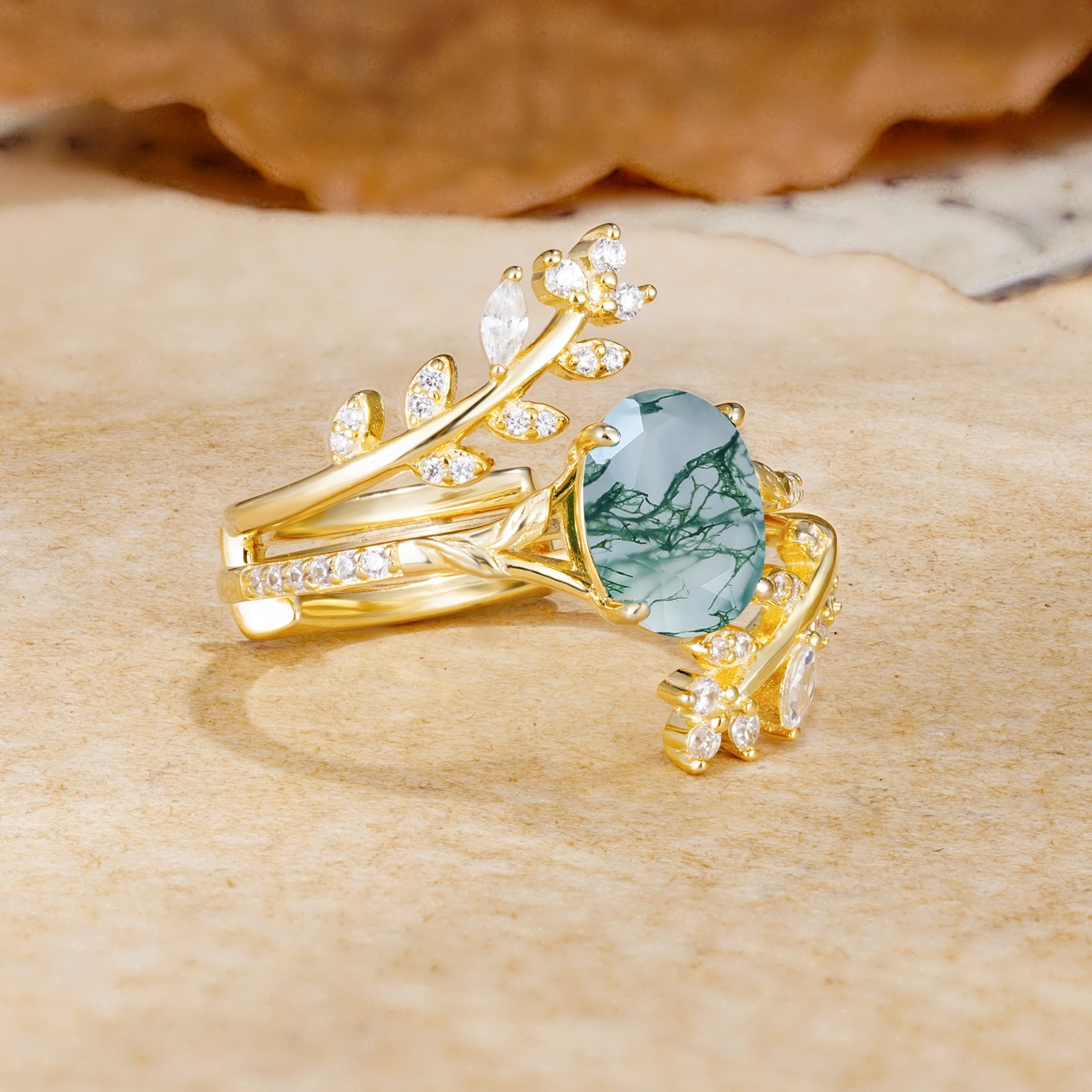 Natural Inspiration Classic Luxury Vintage 4-Prong Oval Cut Moss Agate Wedding Bride Ring Set - White-Gold